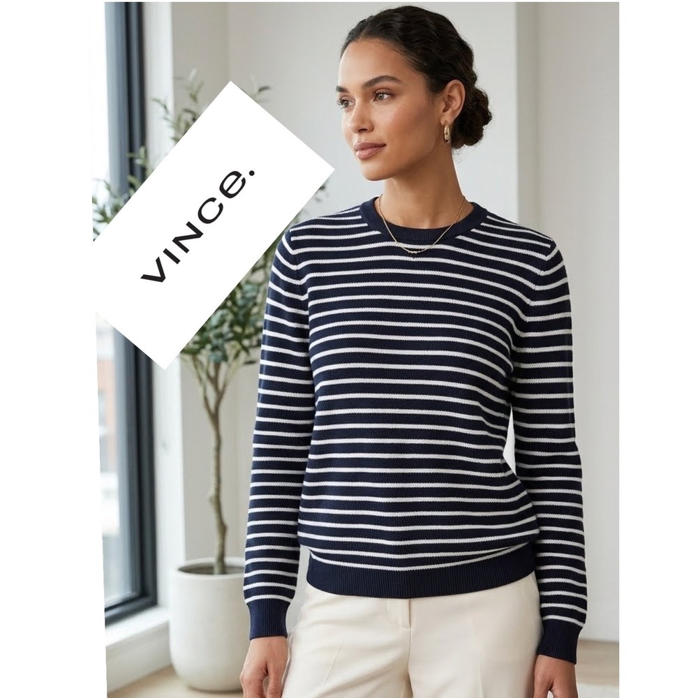 Vince Navy Blue White Striped Cotton Crewneck Sweater Garter‎ Stitch Knit Medium